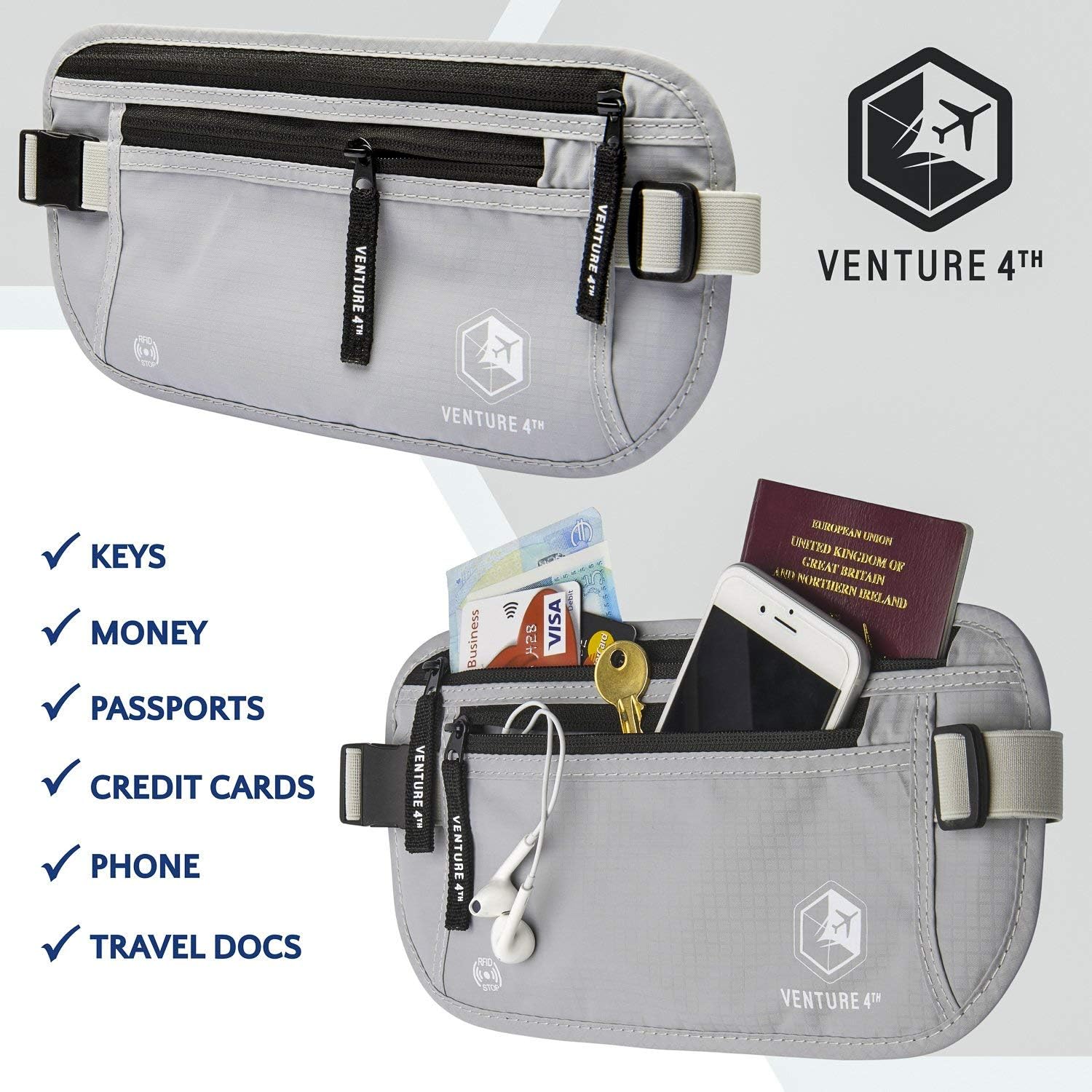  | VENTURE 4TH Travel Money Belt RFID Blocking Hidden Waist Stash (Silver) | Travel Wallets