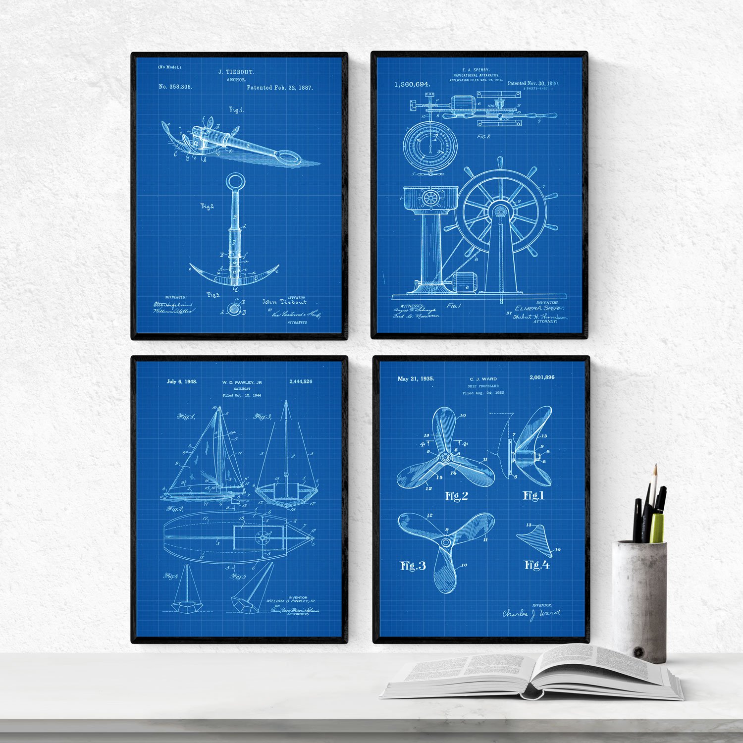 Nacnic BLUE - Pack of 4 sheets with patents boats. Set posters with inventions and old patents. Choose the color you like. Printed on 250 grams