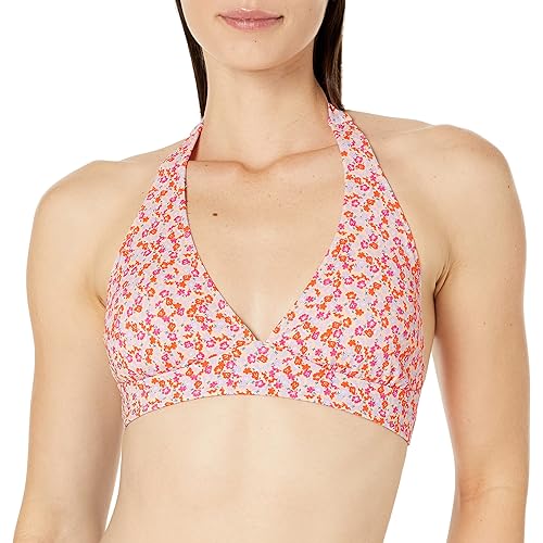 Amazon Essentials Women's Light-Support Tie Halter Bikini Swimsuit Top (Available in Plus Size), Pale Peach Micro Floral, Medium