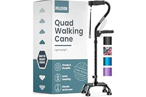 PELEGON Quad Cane (300LB) - Adjustable Walking Cane with A Large 4 Pronged Base for Extra Balance & Stability, Walking Canes for Seniors, Walking Cane for Men & Women, Walking Sticks