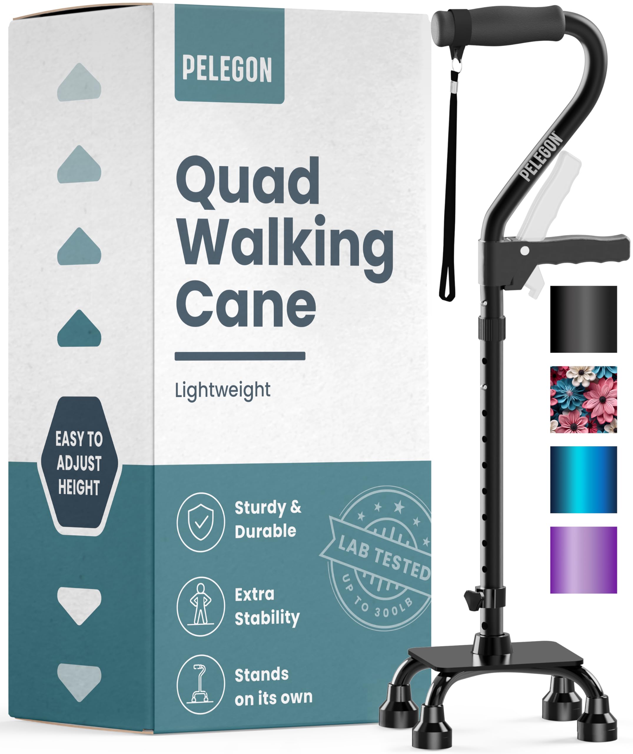 Photo 1 of PELEGON® Quad Cane for Women & Men for Stability (300LB) - Adjustable Walking Cane with A Large 4 Pronged Base for Balance & Stability, Walking Canes for Seniors, Walking Cane, Walking Sticks (Black)