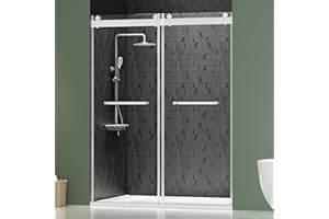 DELAVIN 56"-60" W x 75" H Frameless Shower Door, Double Sliding Shower Door, 5/16"(8mm) Clear Tempered Glass, Noiseless Shatterproof Glass Shower Door with Square Rail, Stainless Steel, Aluminum