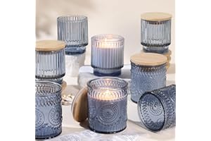 VERLENS 8 Pack Blue Assorted Glass Candle Jars for Making Candles, 7 Oz Empty Candle Containers, Candle Making Supplies, Blue Glass Vessels with Bamboo Lids & Warning Labels for Home Centerpiece Table Decor