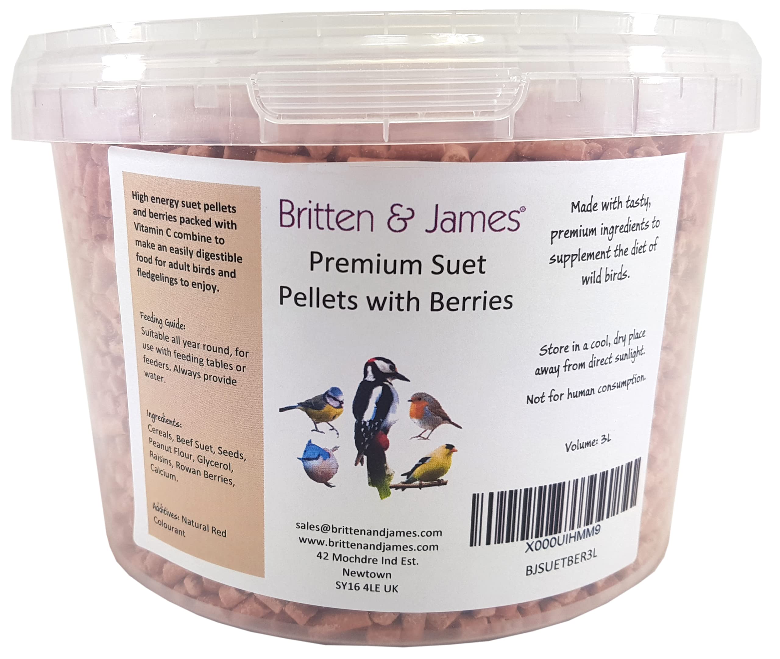 Britten & James Premium Suet Pellets with Berries for Wild Birds in a Stay Fresh 3L Tub (1.9Kg)