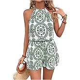 SweatyRocks Women's Allover Print Sleeveless Halter Jumpsuit High Waist Cami Romper with Pocket