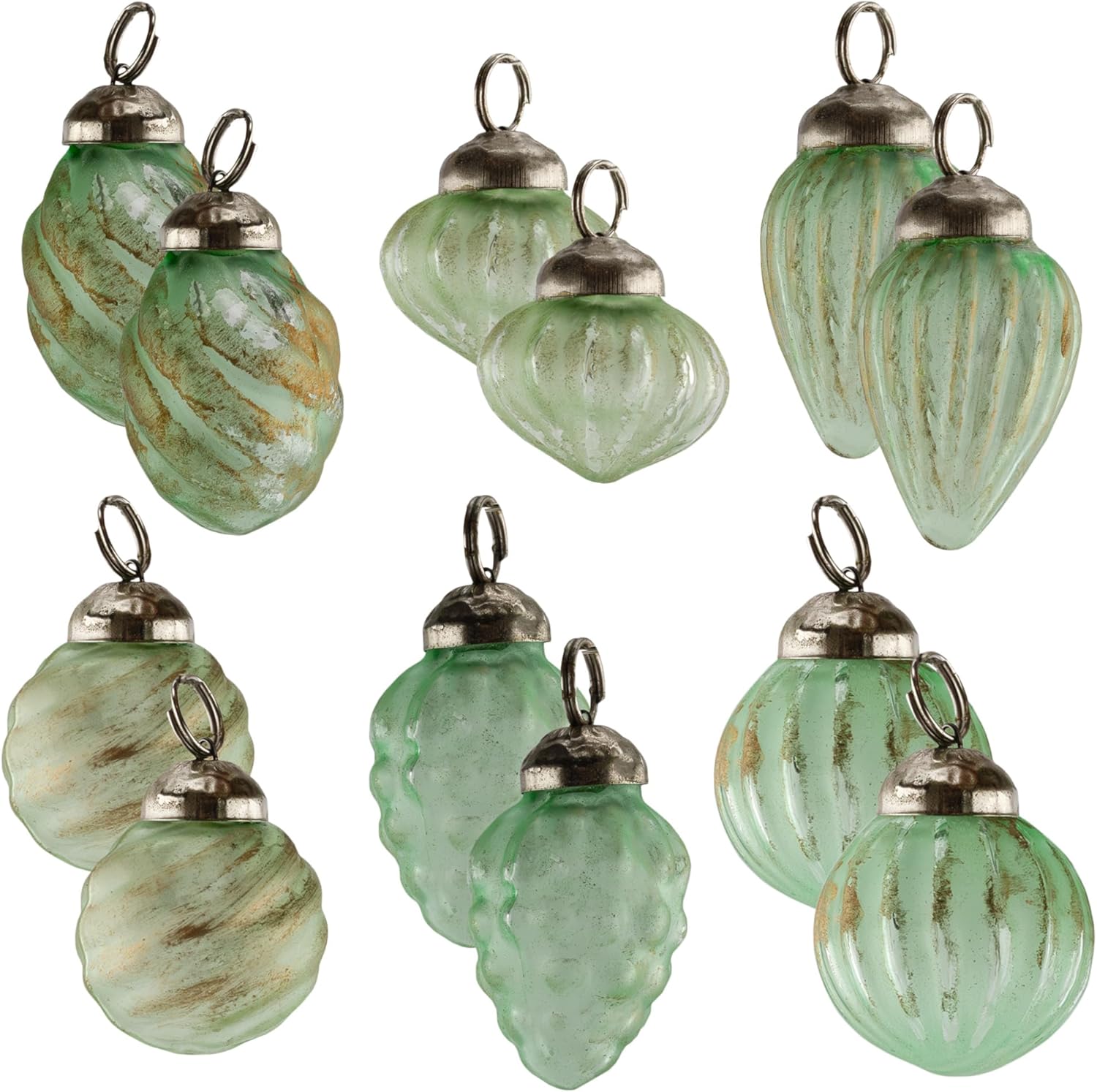 Ornaments - AuldHome Small Glass Finial Ornaments (Set of 12, Soda Glass); Distressed Metal Antique Style Christmas Decorations; Small to Medium Tree Sized