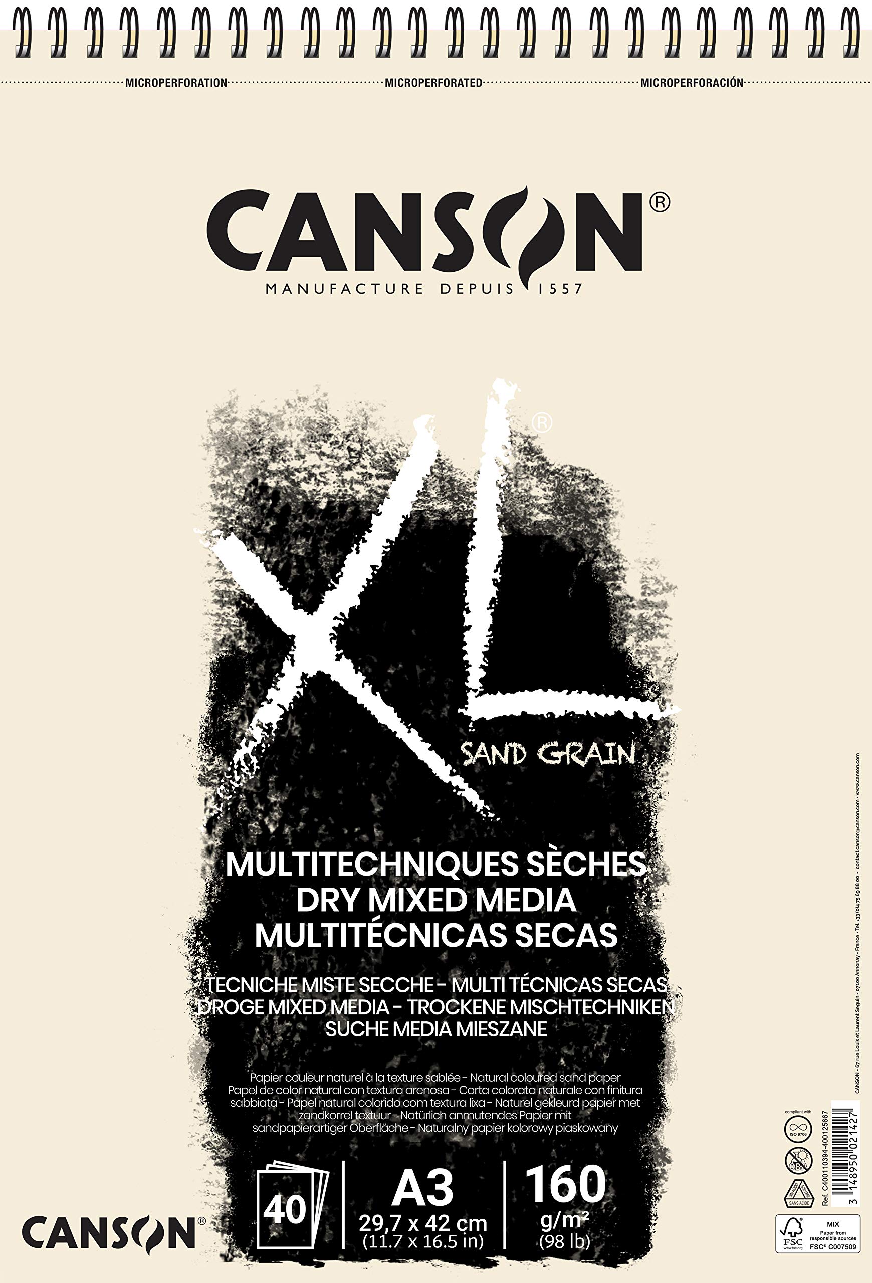 CANSON XL Sand Grain Dry Mixed Media 160gsm A3 Paper, Sand Finish, Spiral Pad Short Side, 40 Natural Sheets, For Professional Artists & Illustrators