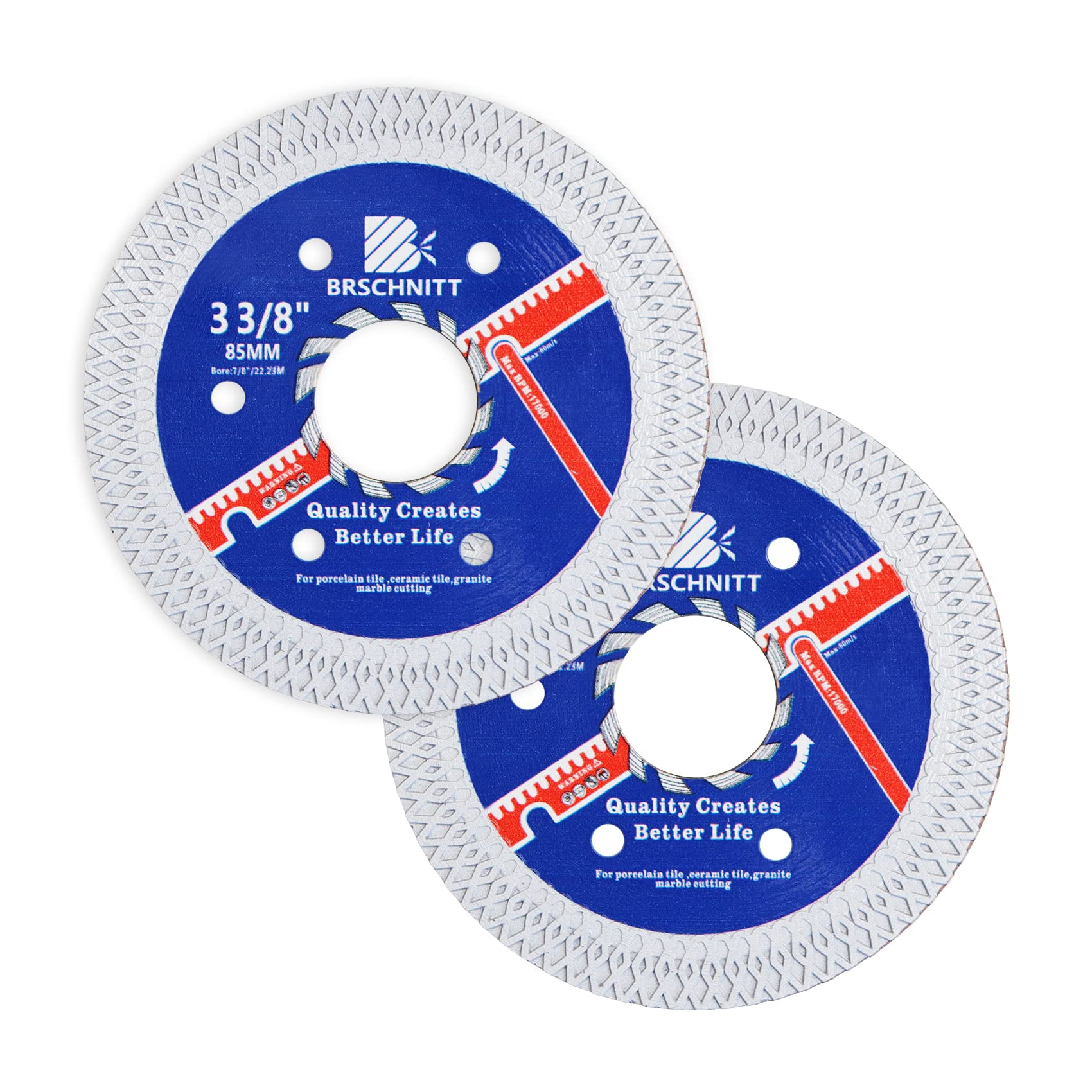 Super Thin Diamond Porcelain Cutting Disc with X Teeth,BRSCHNITT 2pcs 85mm x Arbor 22.23mm-20mm-16mm Diamond Cutting Disc for Dry/Wet Cutting Porcelain Tile Ceramic Marble Granite