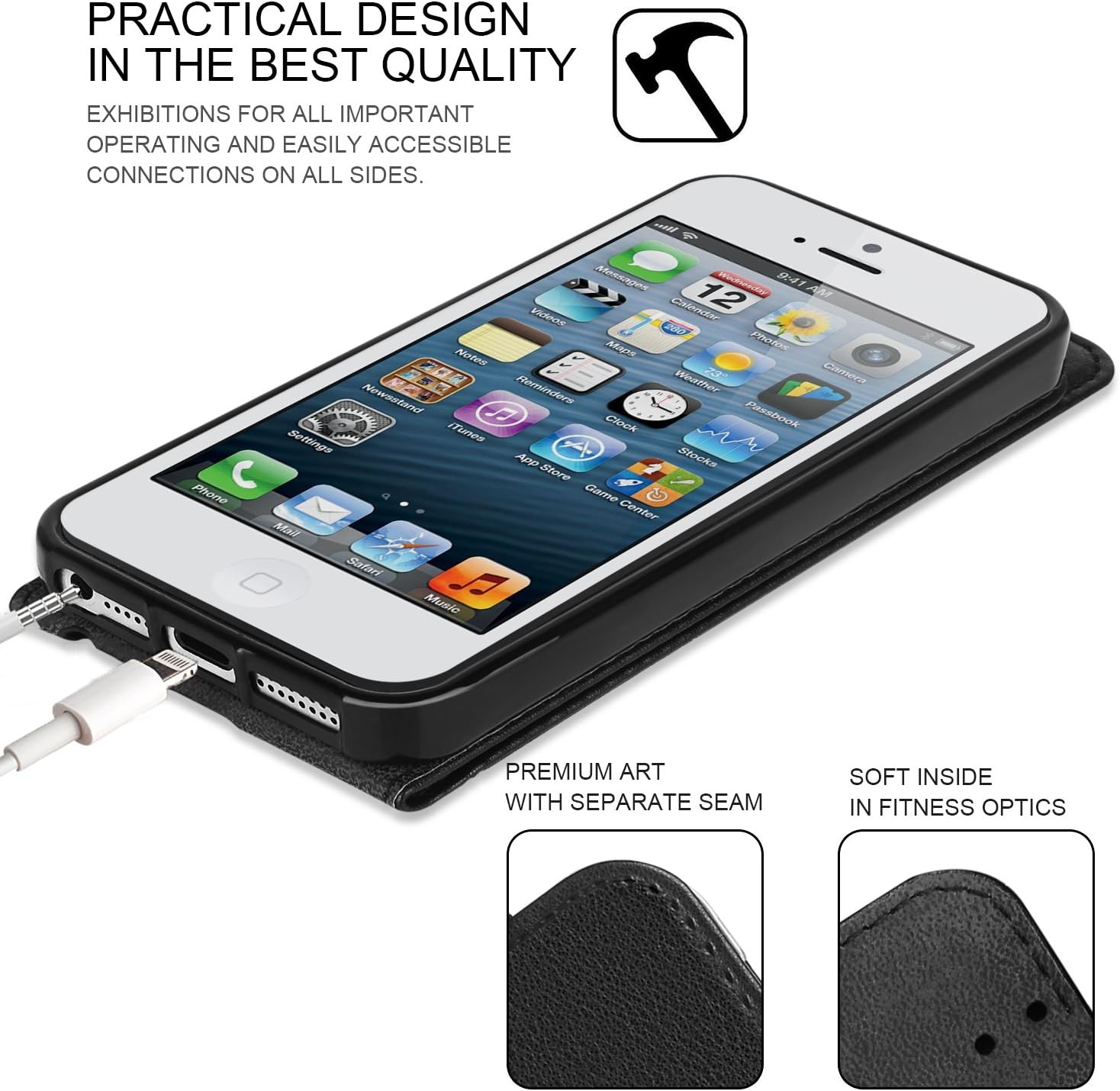 iPhone SE Case, Supad Leather Flip Wallet Slim Case Cover for Apple iPhone SE 5S 5 (Black) - 5 inches - Image 4