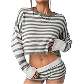 MakeMeChic Women's 2 Piece Fall Outfits Striped Crew Neck Long Sleeve Sweater and Micro Mini Shorts Y2K Sets