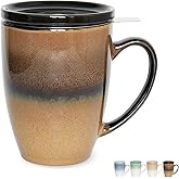 Bosmarlin Ceramic Tea Cup with Infuser and Lid, 13.5 Oz, 5 Colors to Choose, Microwave and Dishwasher Safe, Steeping Tea Mug with Strainer, Reactive Glaze (Walnut)