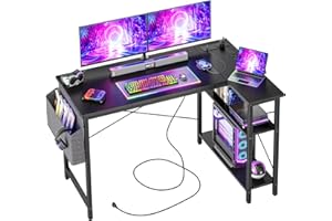 BEXEVUE Computer Desk with Power Outlets, 47 Inch L Shaped Desk with Reversible Shelves, Gaming Desk Corner Desk Study Work D