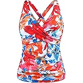 Hilor Women's Underwire Tankini Top Tummy Control Bathing Suits Sexy V Neck Crossover Swim Top Only