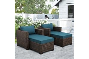 Valita 4-Piece Outdoor PE Wicker Furniture Set, Patio Black All Weather Resin Rattan Chairs and Ottomans，Sectional Conversation Sofa Set (Peacock Blue)