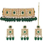 Aheli Traditional Ethnic Kundan Pearls Bridal Choker Necklace Earring Maang Tikka Indian Bollywood Bharatanatyam jewellery set Gift for Women