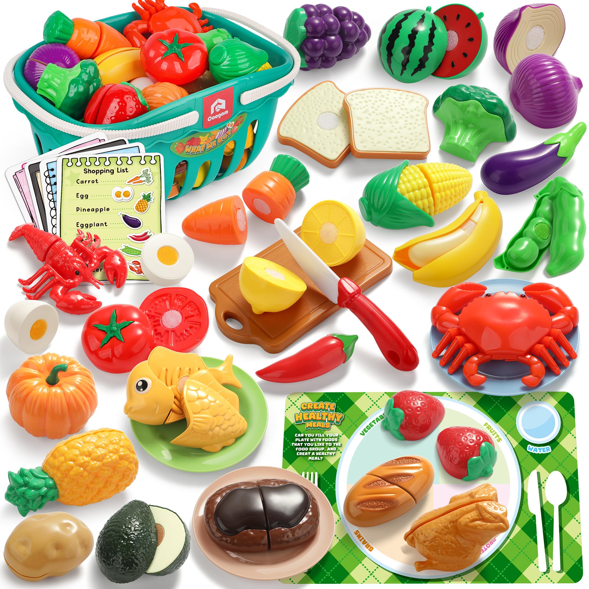 Coogam Pretend Play Food Set for Children, Fake Fruits Meats Vegetables Balanced Meal Mixing and Cutting Toy, Play Kitchen Accessories with Shopping List, Educational Toy for 3 4 5 Years Old Kids