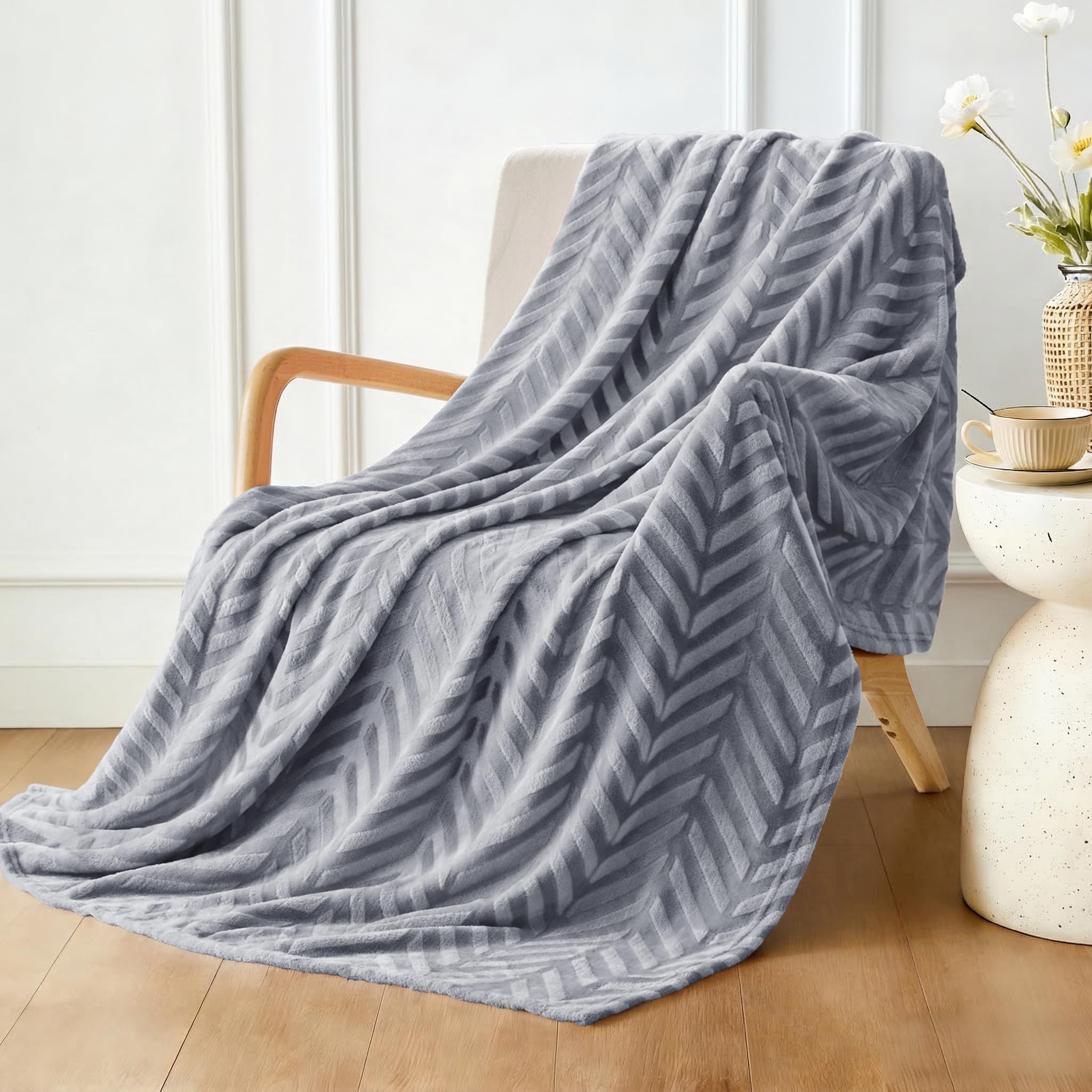 Whale Flotilla Flannel Fleece Throw Blanket for Sofa, 130x150 CM Soft Fluffy Velvet Sofa Blanket with Decorative Chevron Pattern for All Season, Warm and Lightweight, Silver Grey — image 1