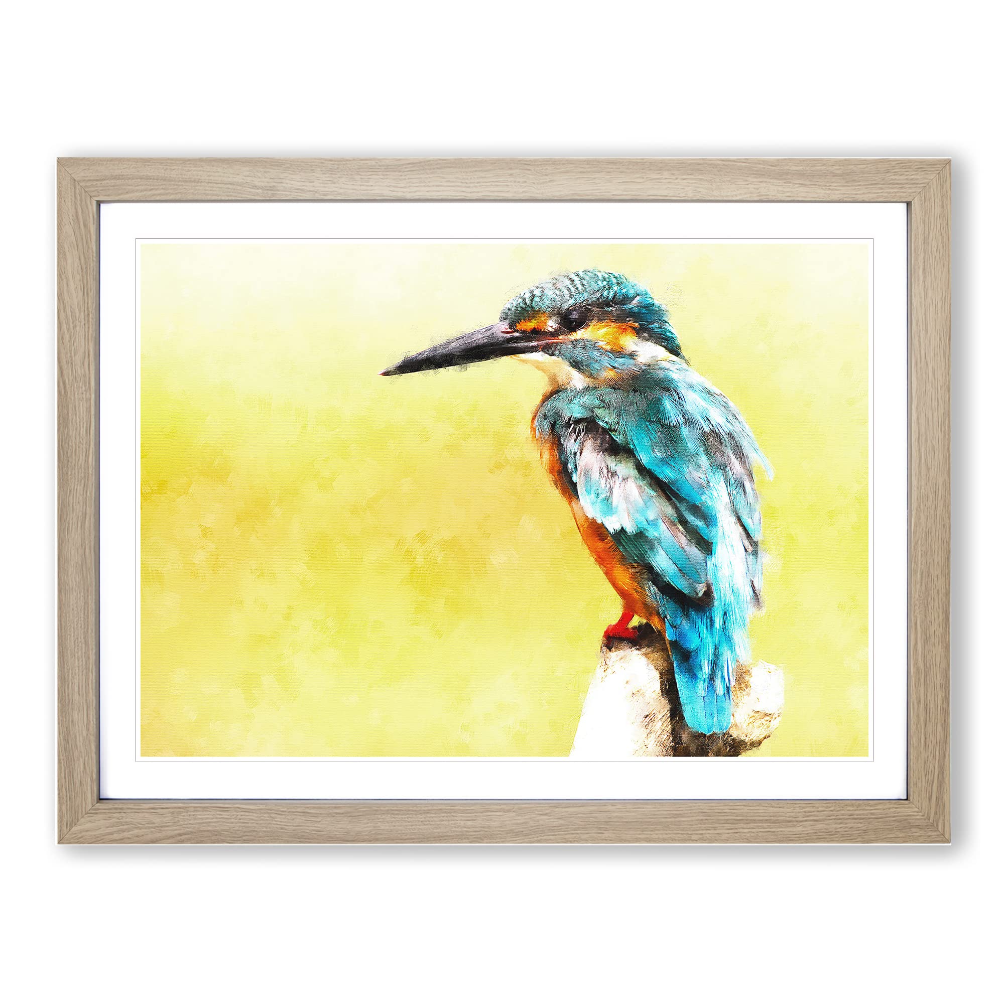 Blue Kingfisher Painting Modern Art Framed Wall Art Print, Ready to Hang Picture for Living Room Bedroom Home Office Décor, Oak A4 (34 x 25 cm)