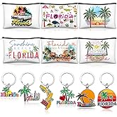 Landical 6 Sets Florida Souvenir Gifts Include 6 Pcs Florida Cosmetic Bag and 6 Pcs Metal Keychain for Women Traveler Christmas Party Gifts