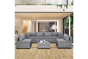 Valita 7 Piece Outdoor PE Wicker Furniture Set, Patio Gray Rattan Sectional Sofa Couch with Washable Grey Cushions