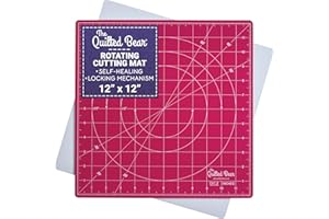 The Quilted Bear Rotating Cutting Mat 12" x 12" - Locking & Rotating Self Healing Cutting Board for Sewing, Fabric & Quilting - 360 Degree Sewing Supplies Mat for Craft Table (Pink)