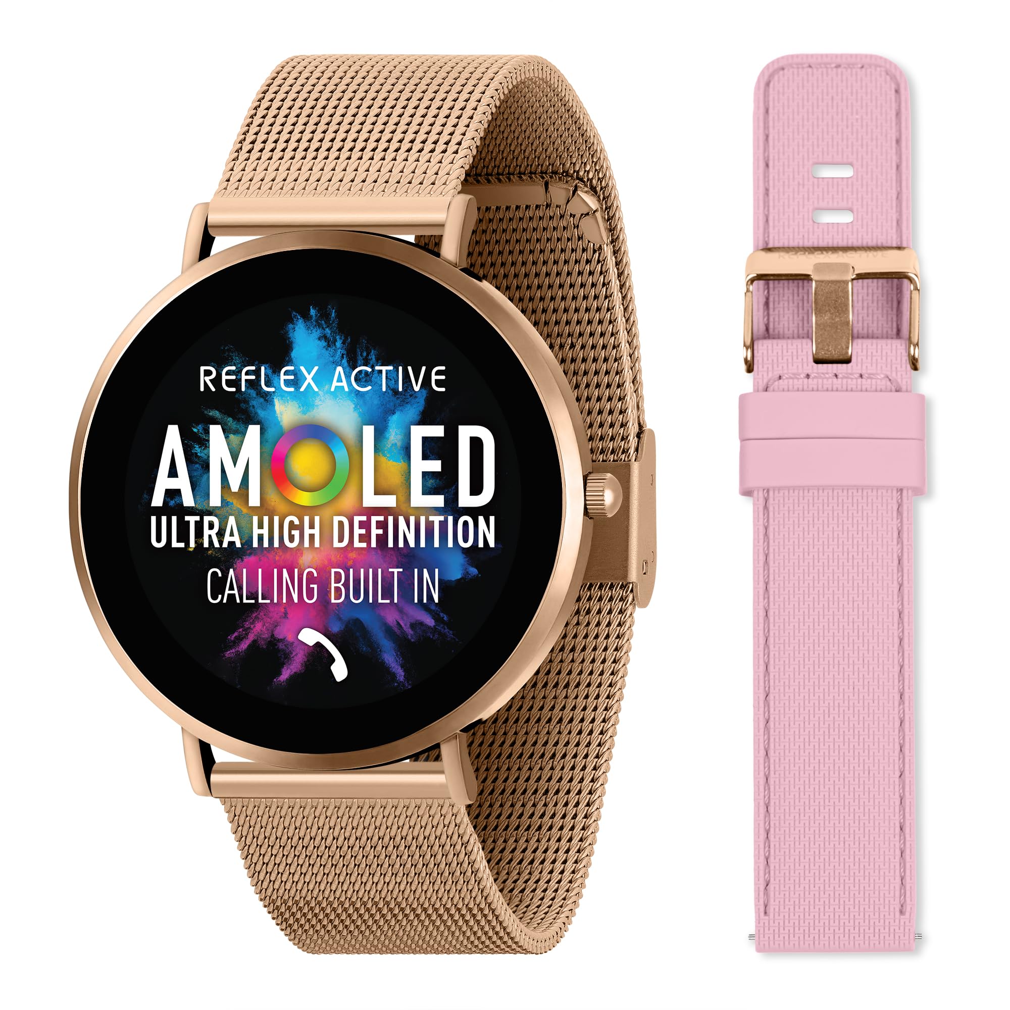 Reflex Active Series 42 Amoled Ultra Slim Smart Watch for Women with GPS, Heart Rate, Sleep Monitor, Step Counter, Rose Gold Mesh and Pink Silicone Strap Set For Android IOS