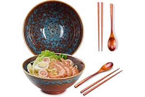 2X Ceramic Ramen Bowls - 40 oz - 20cm - with Spoon and Chopsticks for Ramen Soup Pho Udon Asian Noodles, Large Noodle Bowls (