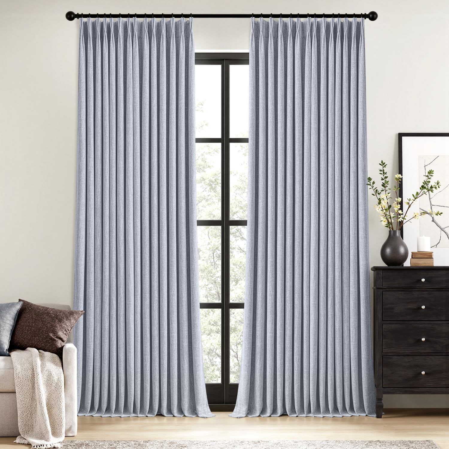 Photo 1 of MIULEE Chambray Blue Pinch Pleated 100% Blackout Linen Curtains 96 Inch Length 2 Panels Set, Pleat Curtain with Pin Hooks, Black Out Light Blocking Room Darkening Drapes for Bedroom Living Room Window