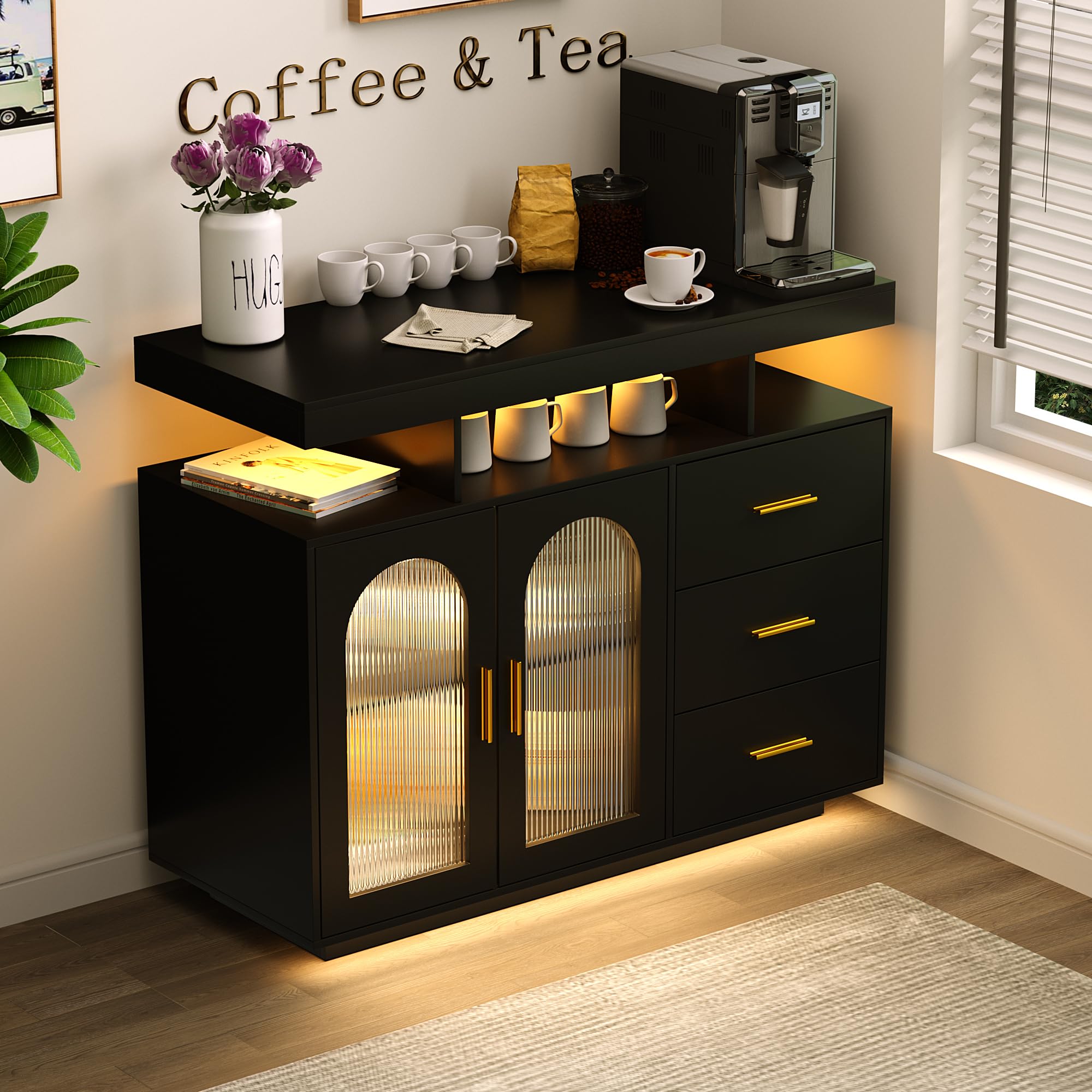 Photo 1 of Missing hardware *****HWB RGB LED Coffee Bar Cabinet Kitchen Storage Cabinet & Sideboard Buffet Cabinets - Wood Coffee Bar Table with Shelf Capacity for Dinning Room/Living Room/Kitchen(Black)