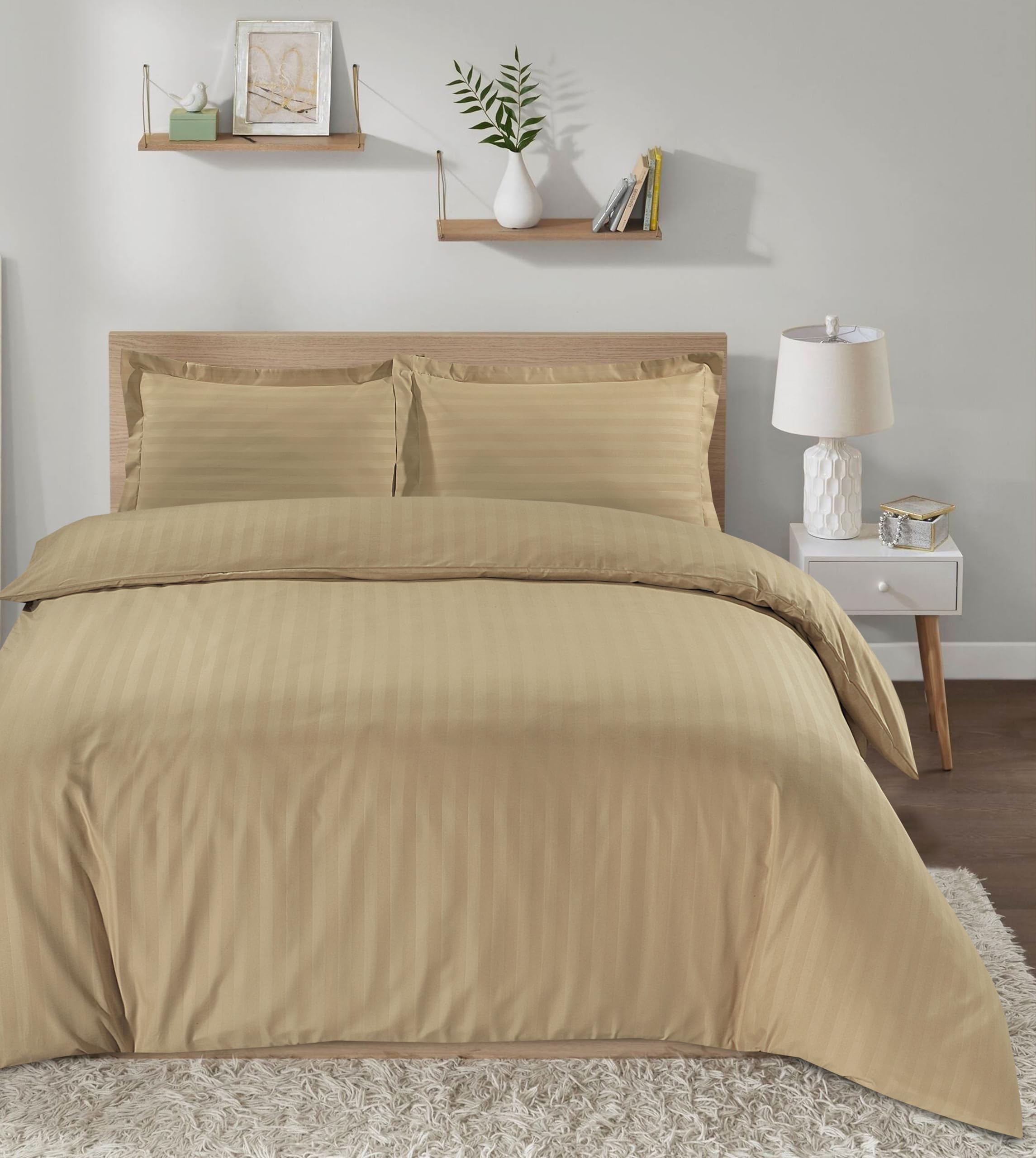 Casabella Satin Stripe Duvet Cover Sets - Luxurious King Beige Bedding with Satin Stripes, Hotel Quality King Size Duvet & Pillowcases