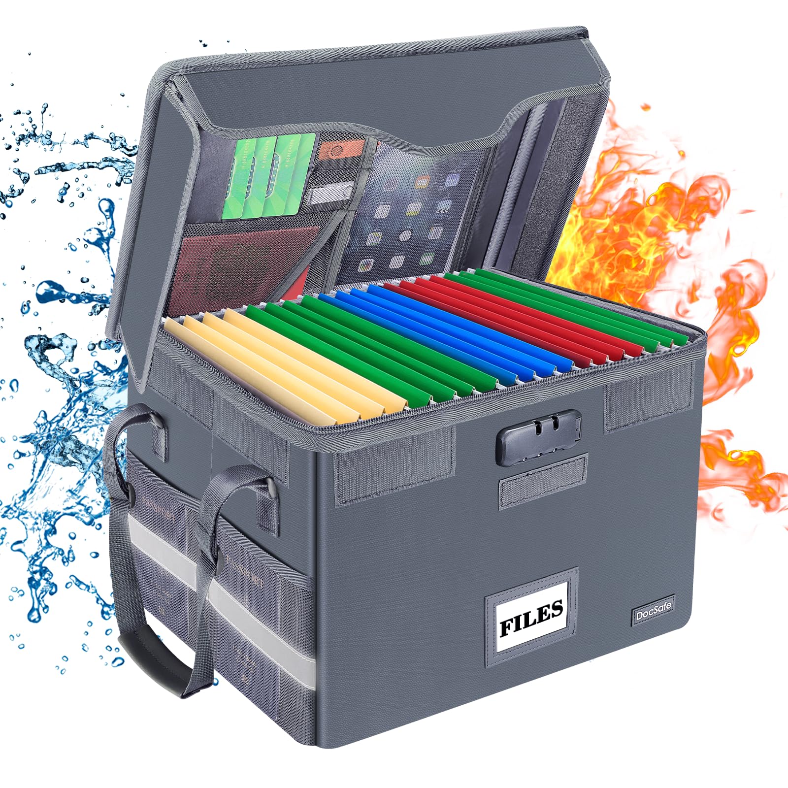 DocSafe Fireproof Document Box with Lock,File Storage Organizer with Zipper Pockets,Collapsible Portable File Box Home Office Safe Filing Cabinet with Handle for Hanging Letter/Legal Folders,Gray Image