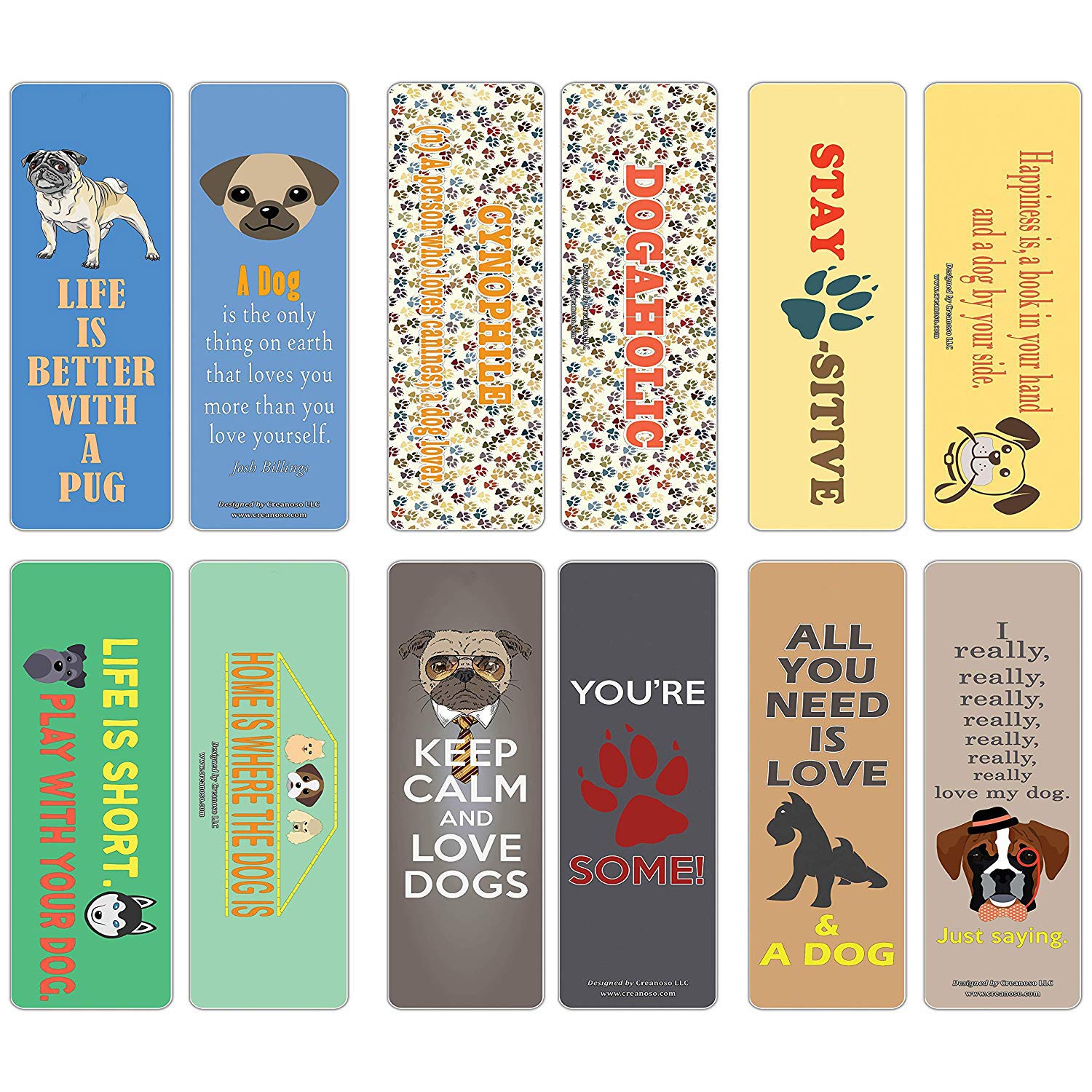 Creanoso Dog Themed Bookmark Cards (12-Pack) – Premium Quality Set – Inspiring Dog Sayings for Men, Women, Adults, Dog Lovers, Dog Owners – Six Bulk Assorted Bookmarks Designs