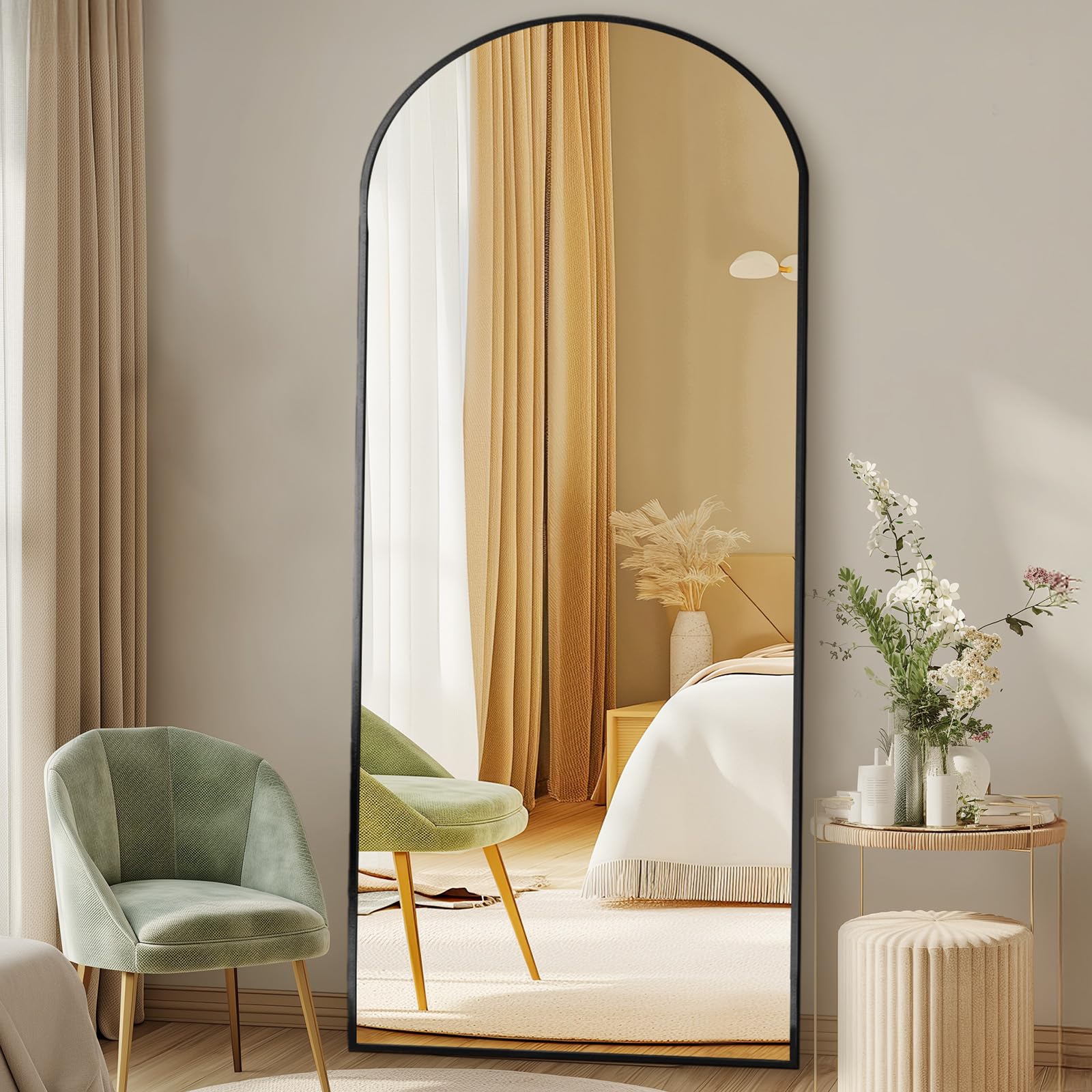 Aidoly Arched Mirror Full Length, Upgraded 24"x65" Body Wall Mirrors with Shatter-Proof Glass, Floor Standing, Hanging or Leaning, Tall Mirror with Stand Aluminum Alloy Frame for Bedroom, Black Image