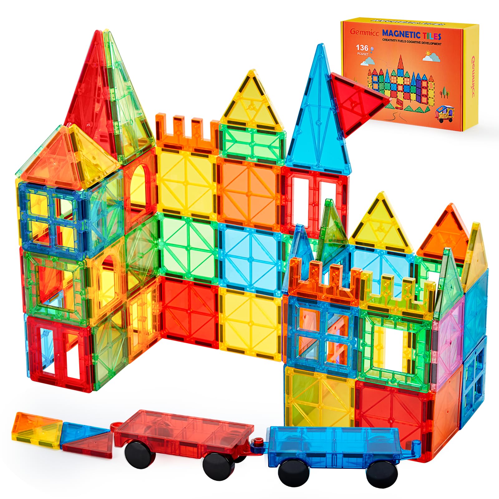 Photo 1 of Gemmicc Magnetic Tiles, Deluxe 136 PCS Building Blocks Magnet Toys for Kids,3D Magnet Puzzles Stacking Blocks for Boys Girls,Huge Set with 2 Cars