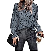 SweatyRocks Women's Leopard Print Shirts Ruffled Long Sleeve Blouse Dressy Casual Smocked Mock Neck Tops