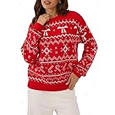 ZAFUL Women's Christmas Snowflake Reindeer Knitted Sweater Long Sleeve Crew Neck Heart Animal Print Pullover Knitwear