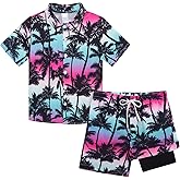 UNICOMIDEA Boys Hawaiian Outfits Tropical Print Button Down Shirt + Swim Trunks 2 Piece Sets for 5-12T Kids