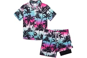 UNICOMIDEA Boys Hawaiian Outfits Tropical Print Button Down Shirt + Swim Trunks 2 Piece Sets for 5-12T Kids