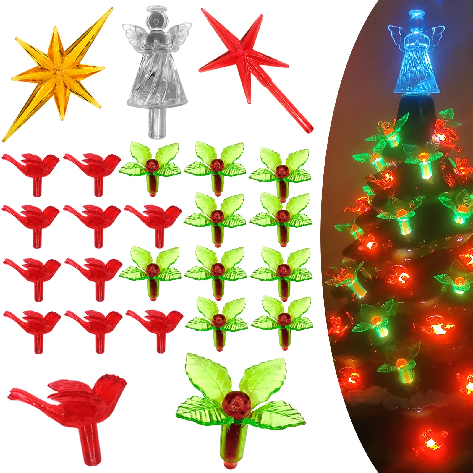 Photo 1 of 153Pcs Ceramic Christmas Tree Replacement Hollylights-50 Green Leaves Lites Bulbs?50 Plastic Berrys Tree Pegs?50 Red Cardinal Birds Knob Ornaments Accessories for Glazed Tabletop Porcelain Trees,Etc.