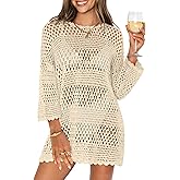 ANRABESS Women 3/4 Sleeve Swimsuit Cover Up 2026 Summer Beach Vacation Clothes Crochet Knit Bathing Suit Swimwear Mini Dress