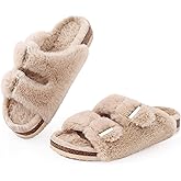 KIDMI Fuzzy Slippers Women with Cork Footbed Fluffy Slides Open Toe Indoor House Shoes | Arch Support | Adjustable Buckles