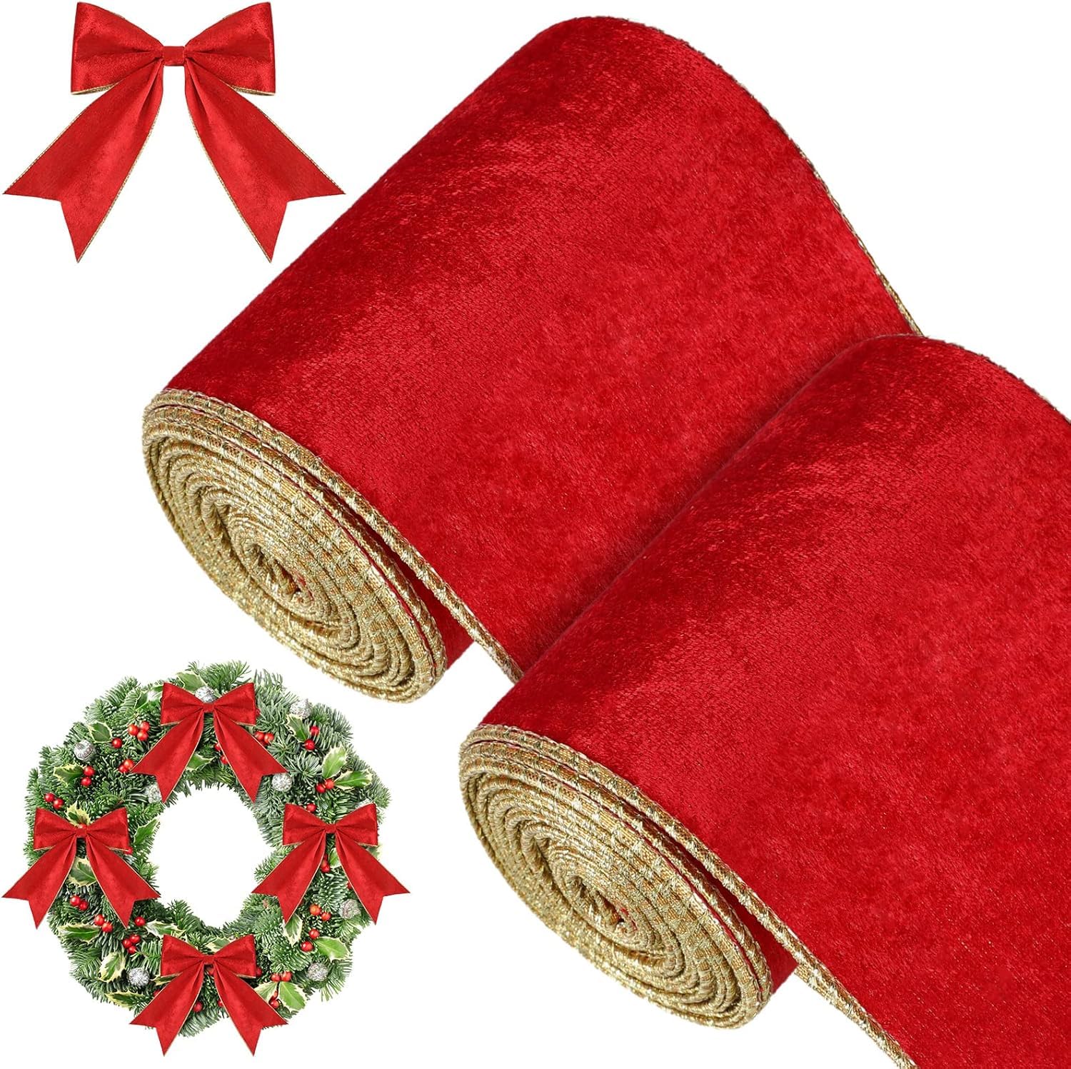 KAHEIGN 2 Rolls Christmas Velvet Ribbon, 11m x 10cm Width Wired Waterproof Wrapping Velvet Ribbon with Gold Edge for Xmas Gift Wrapping Xmas Tree DIY Wreath Christmas Bow Decoration (Red)