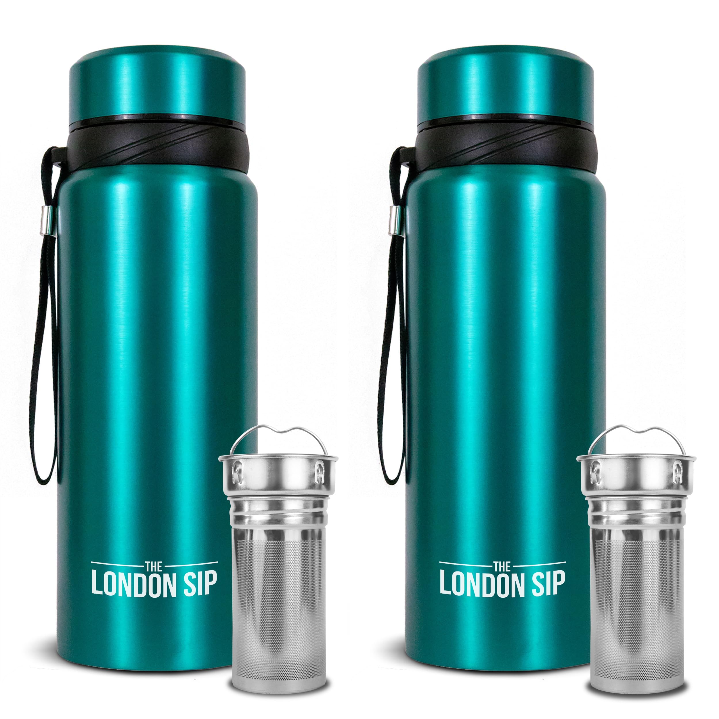 The London Sip 25 oz Multi-Function Travel Mug and Tumbler Tea Infuser Water Bottle Fruit Infused Flask Hot and Cold Double Wall Stainless Steel Coffee Thermos, Celestial Blue, Pack of 2