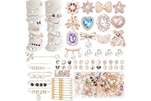 RQAYE 65Pcs Charms for Socks Safety Pin Brooch junk socks charms Brooches and Pins for Women Junk Socks Charms Pins Safety Pin Charms for Socks Pearl Rhinestone Brooch Pins Buttons Shoe Sock Charms Kit