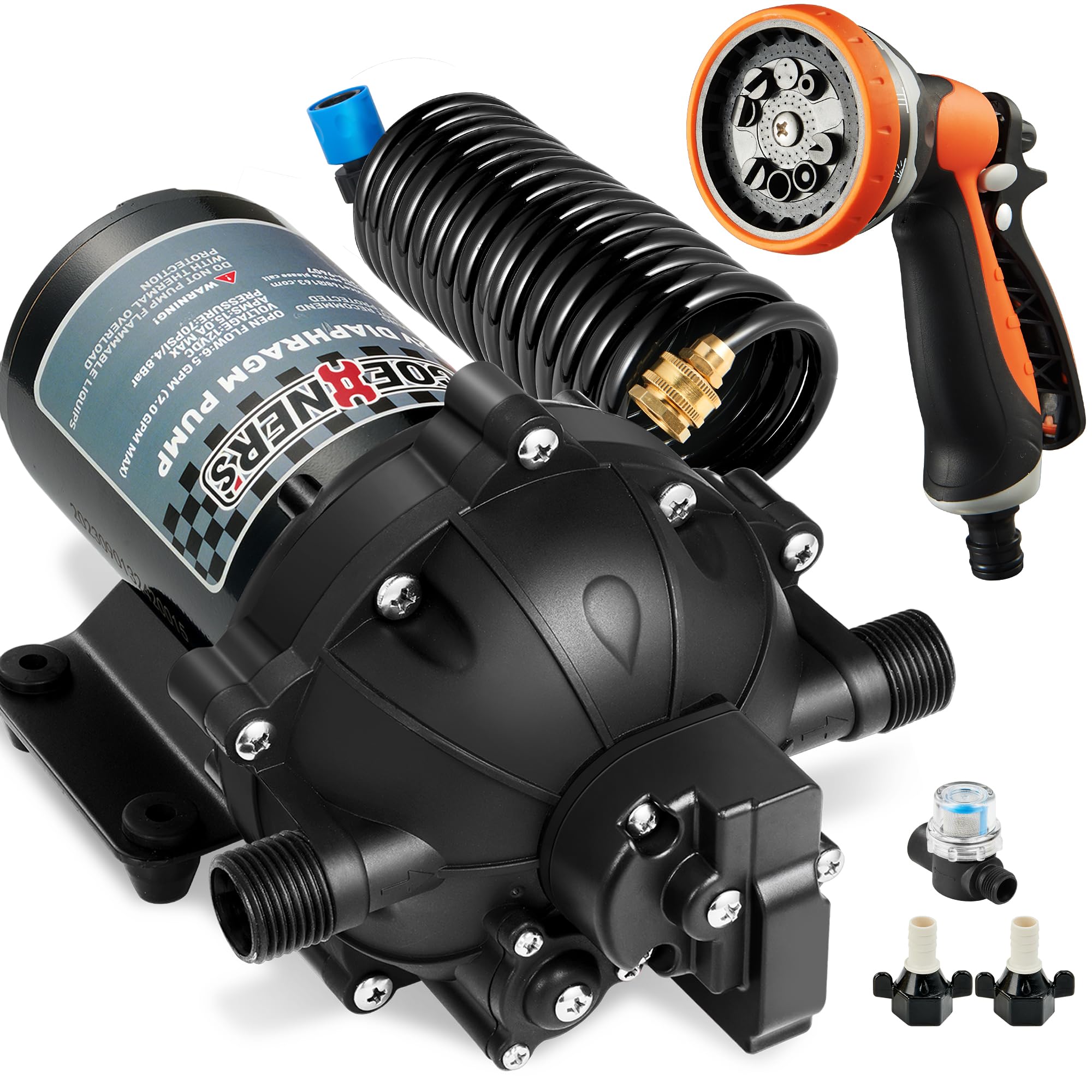 Photo 1 of [Upgraded Version] 12V DC Fresh Water Pump, 6.5GPM 70PSI Five Chamber Self-Priming Diaphragm Pump with Heavy Duty Pressure Switch and Strainer for RV, Marine, Caravan (Fresh Water Pump with Spray Gun)