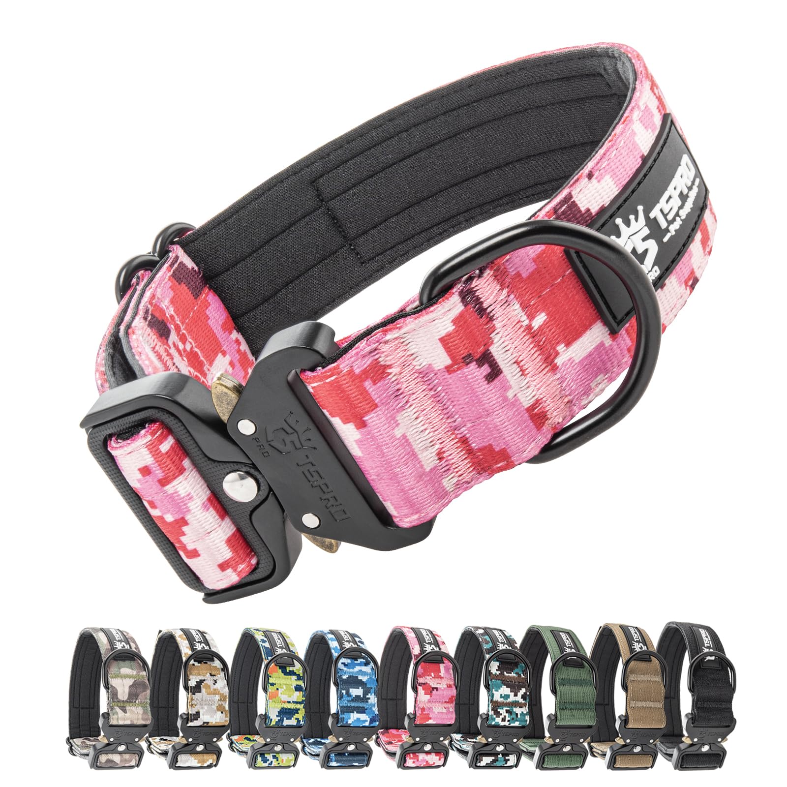 TSPRO Tactical Premium Dog Collar with Patch & Heavy Duty Quick Release Metal Buckle, Adjustable Thick Strong Collar for Medium Large Dogs (Camo Pink, M) — image 1