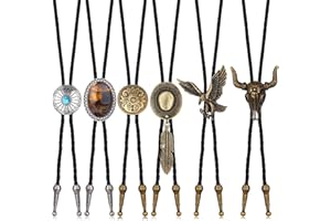 sailimue 6Pcs Handmade Bolo Tie for Men Western Cowboy Leather Necktie Native American Necklaces Natural Tiger Eye Stone Turquoise Cow Skull Eagles Bolo Tie Costume Accessories for Men Women