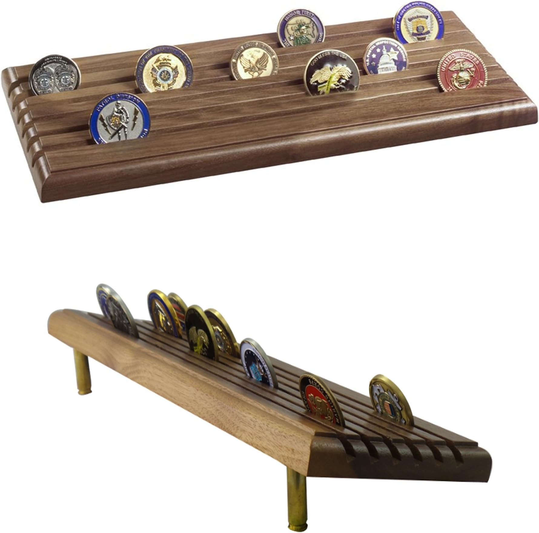 Coin Display Rack Made in USA Military 6-Row Tiered with Gun Shells - Natural Walnut