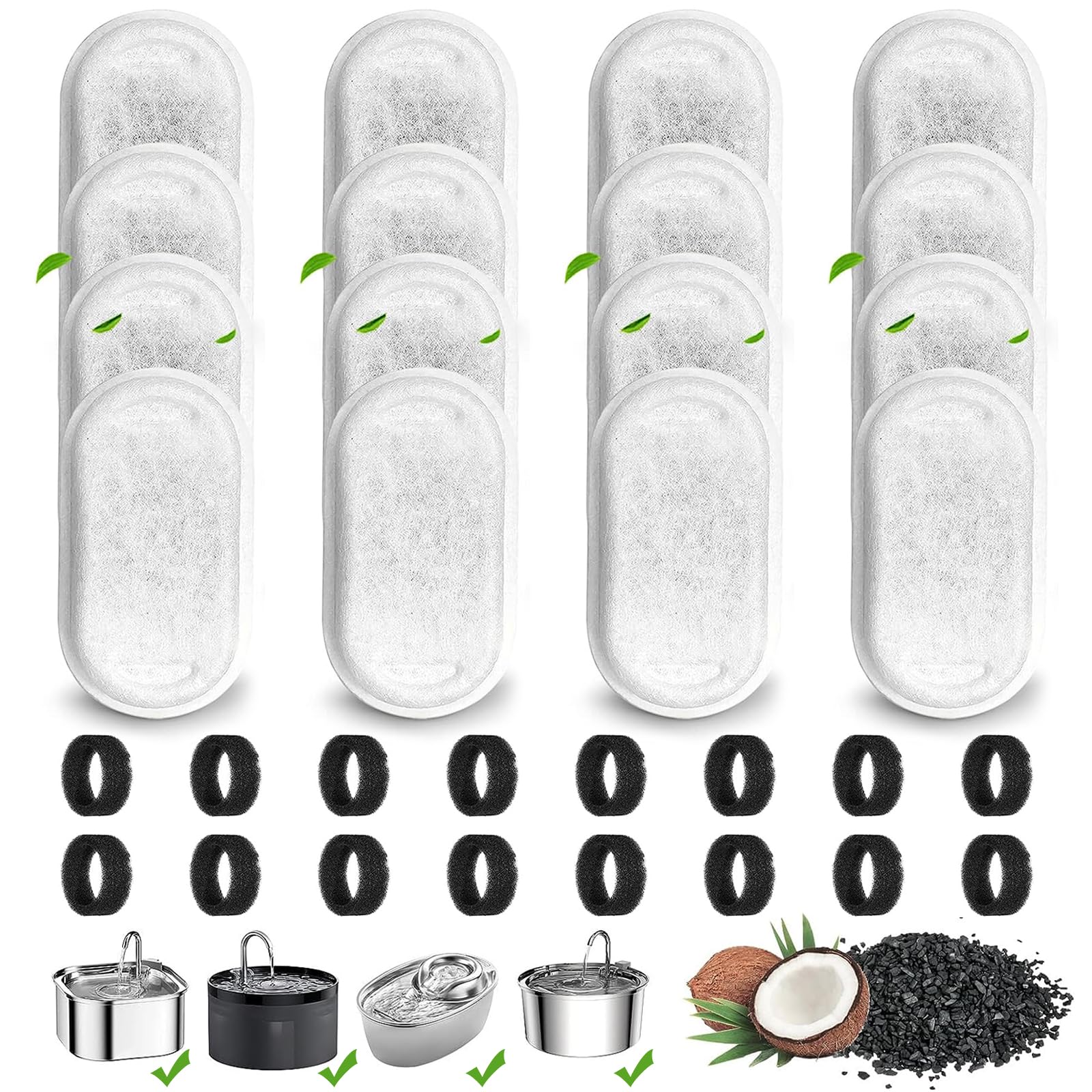 32 PCS Cat Water Fountain Filter Pet Fountain Filters Replacement for 108oz/3.2L (67oz/2L) with 16 Carbon Filters and 16 Foam Sponges
