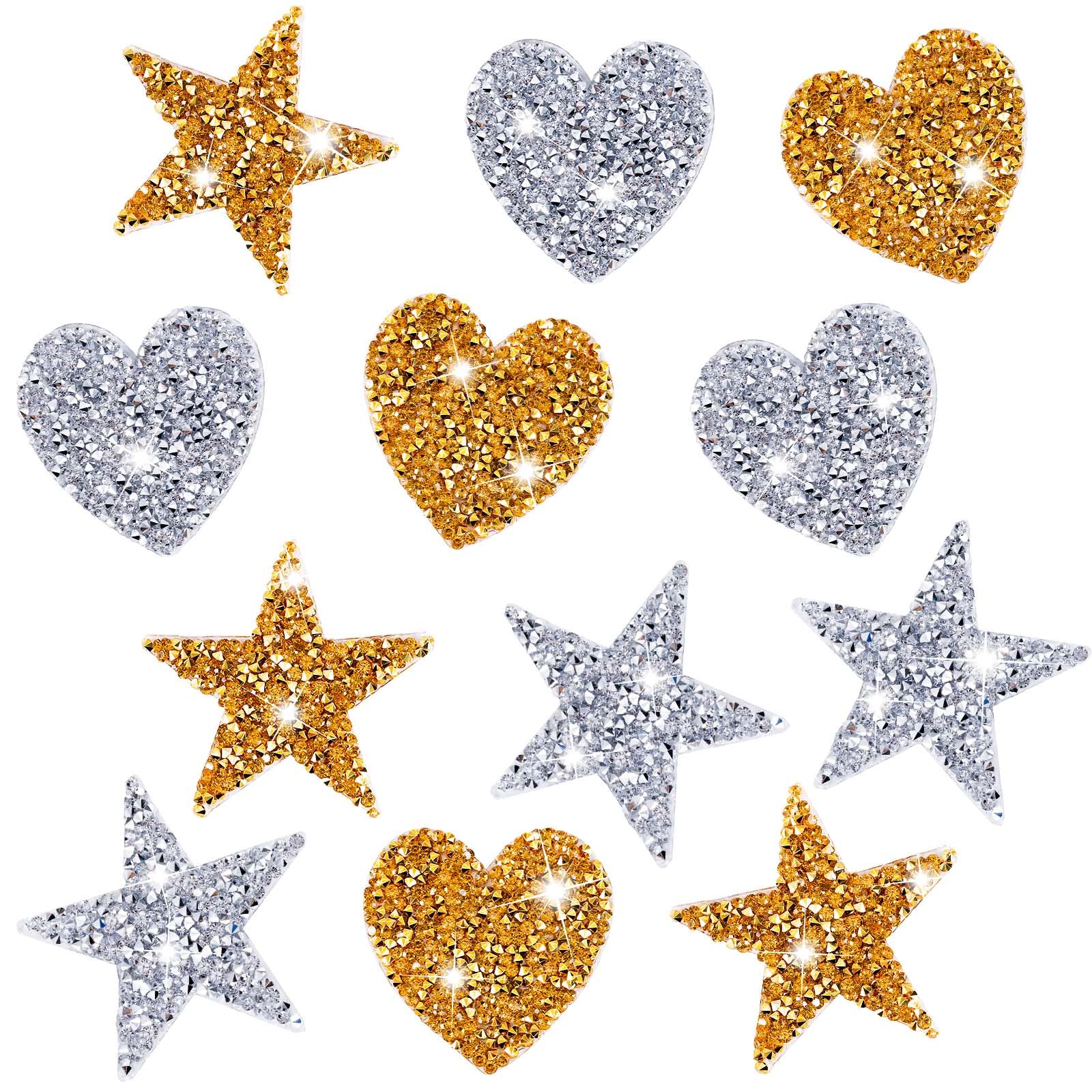 Photo 1 of 12pcs Star and Love Patches - Gold and Silver Iron on Patches with Rhinestone